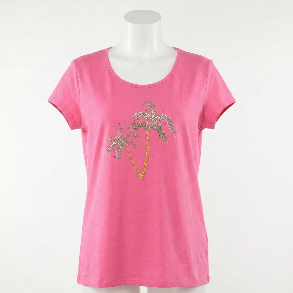 Victoria Secret PINK Rhinestone Palm Tree Graphic Tee Y2K Summer Top Shirt Sz XL